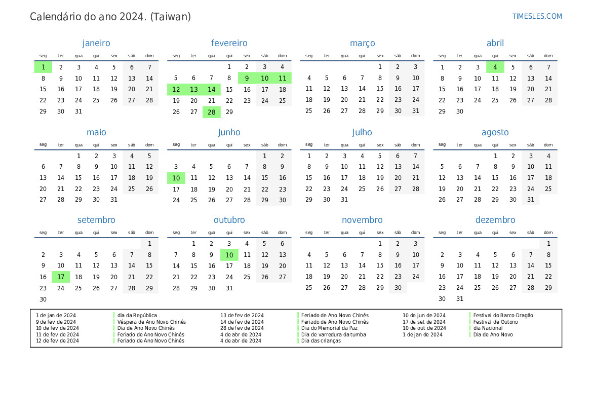 Calendário 2024 com feriados Em Taiwan Imprimir e baixar calendário
