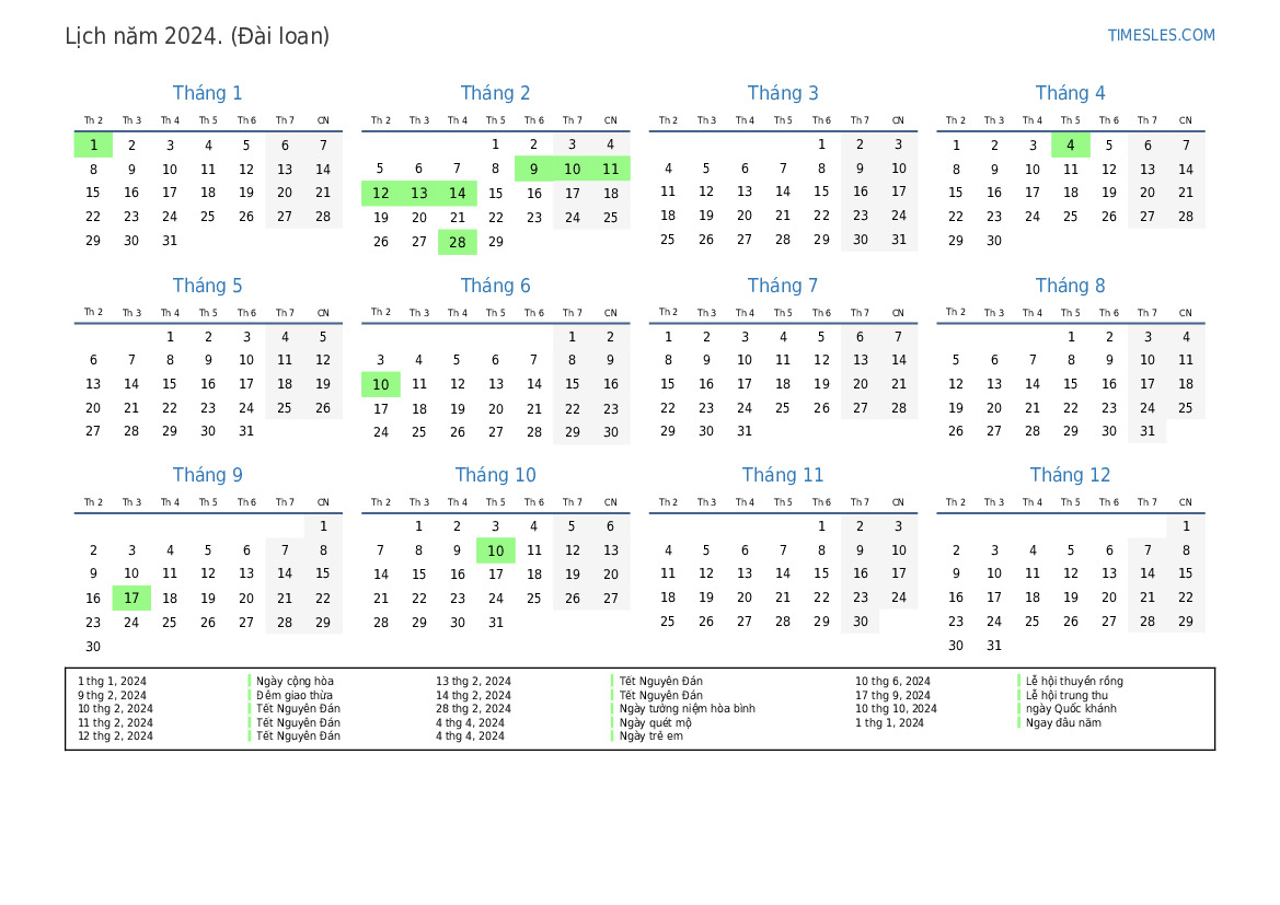 Lịch cho năm 2024 với các ngày lễ ở Đài Loan In và tải xuống lịch