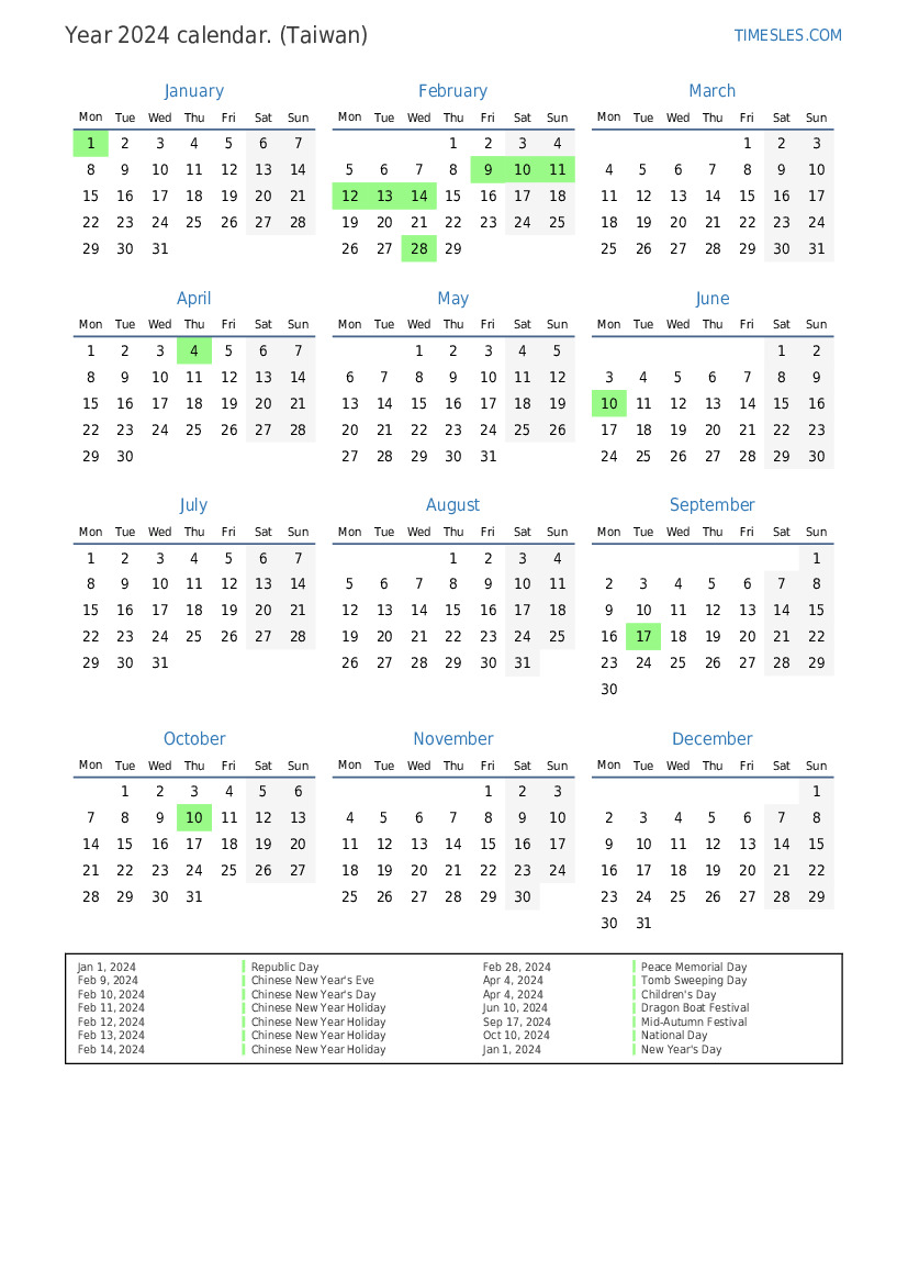 Calendar for 2024 with holidays in Taiwan | Print and download calendar