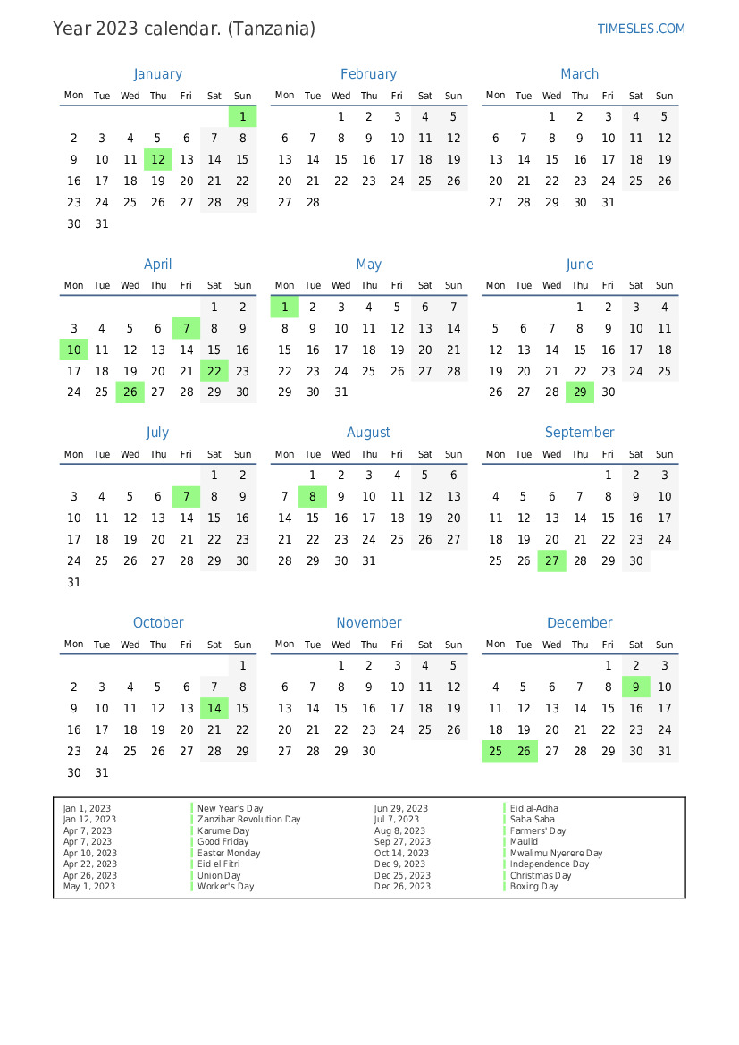 Calendar for 2023 with holidays in Tanzania Print and download calendar