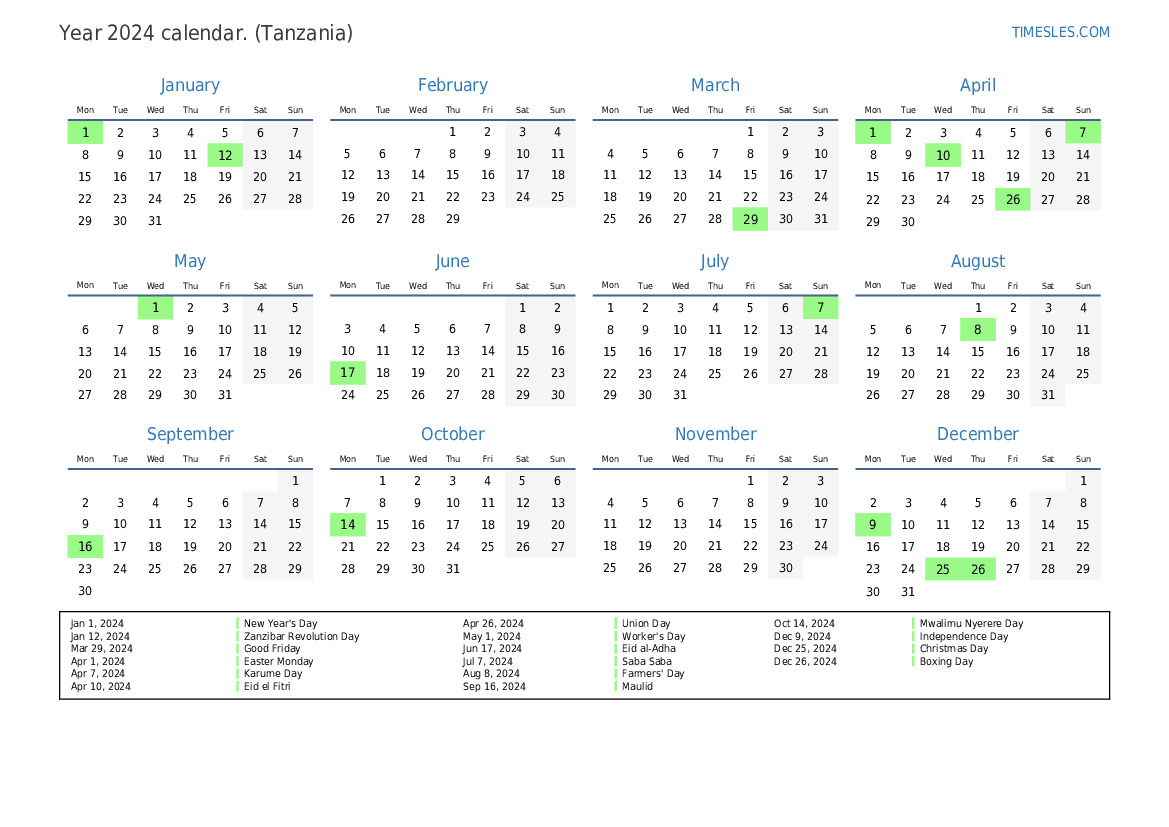 Calendar for 2024 with holidays in Tanzania Print and download calendar