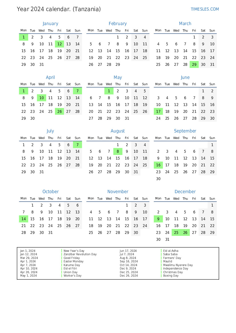 Calendar for 2024 with holidays in Tanzania Print and download calendar