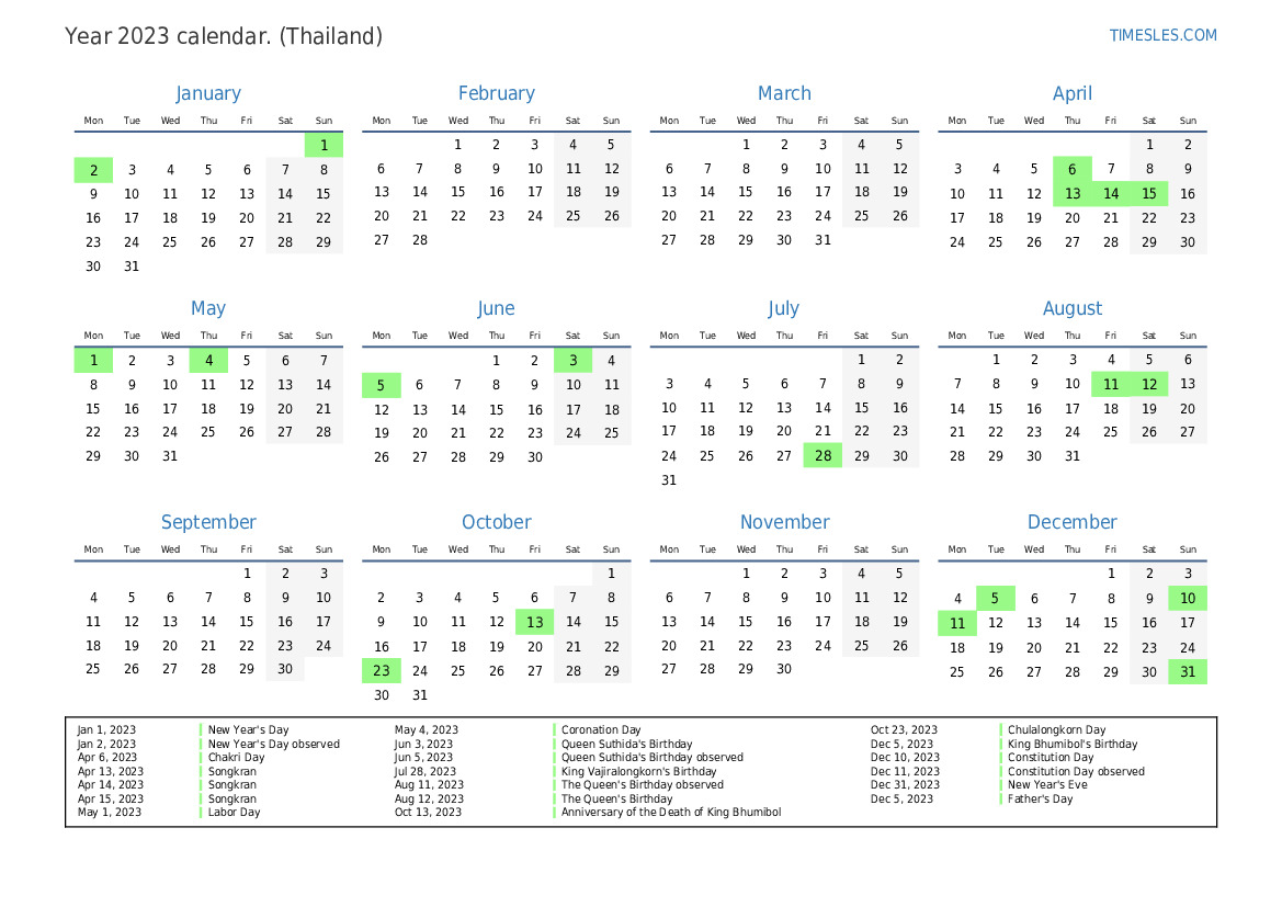 Calendar for 2023 with holidays in Thailand Print and download calendar