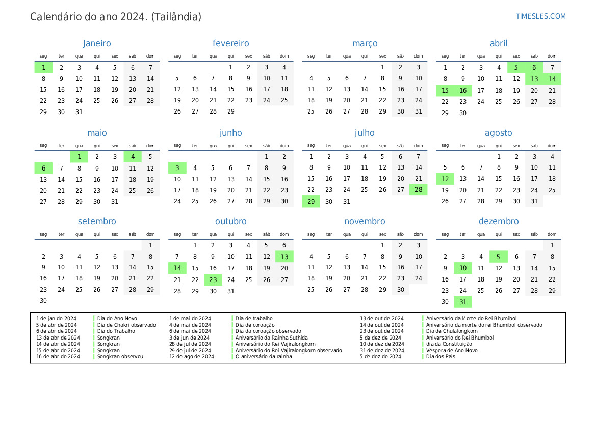 Calendário 2024 com feriados Na Tailândia Imprimir e baixar calendário