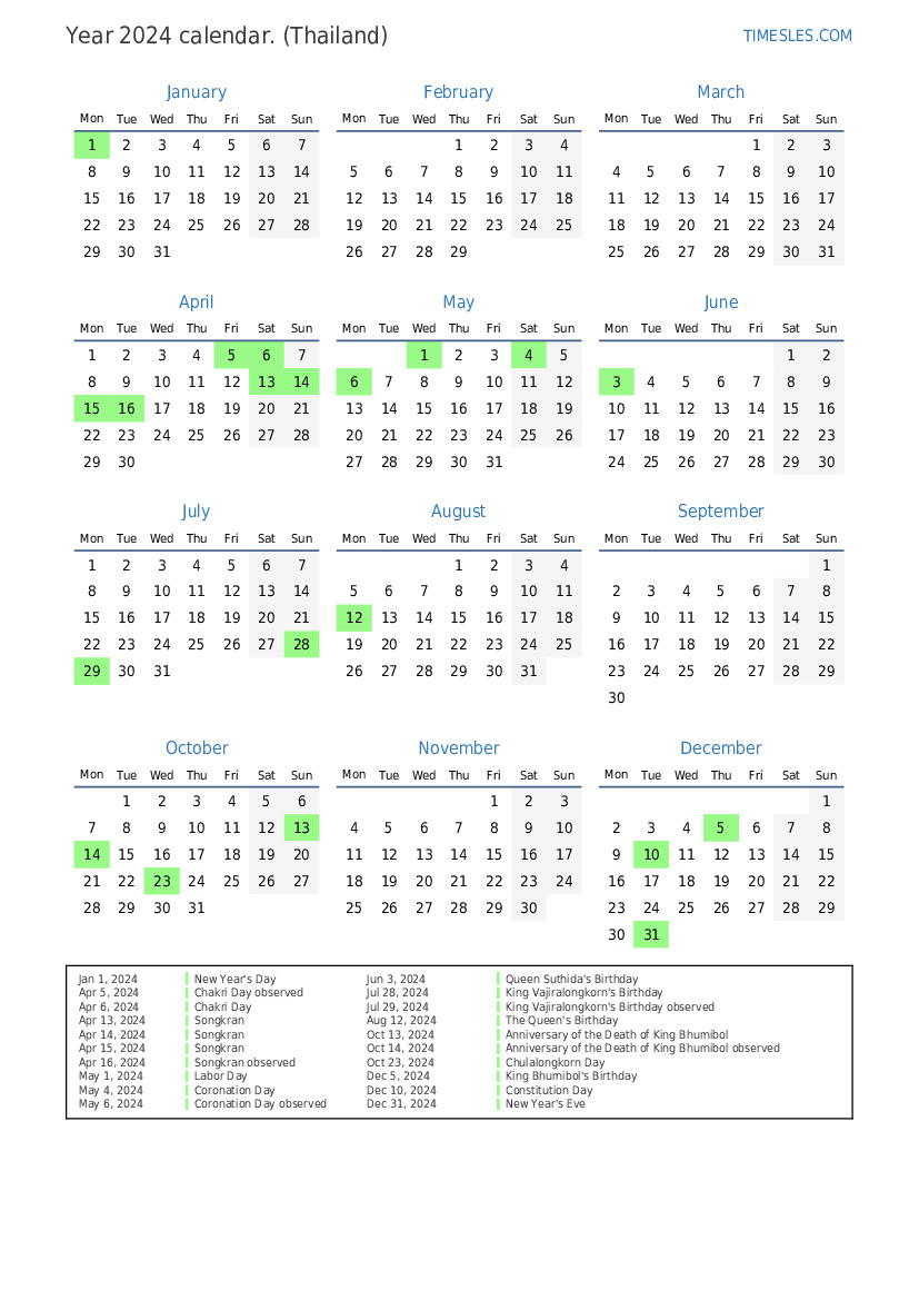 Calendar for 2024 with holidays in Thailand Print and download calendar