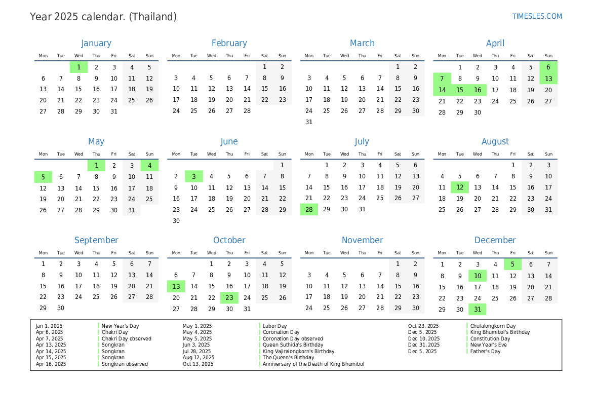 Calendar for 2025 with holidays in Thailand  Print and download calendar