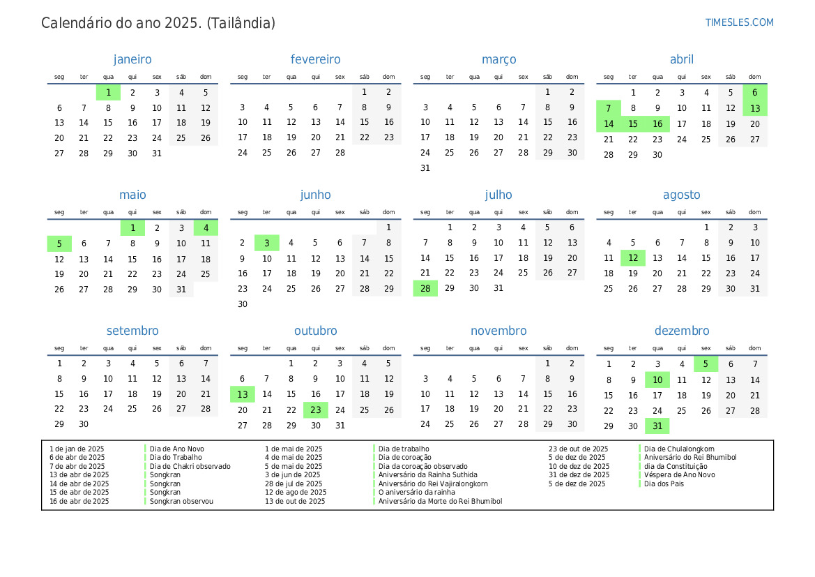 Calendário 2025 com feriados Na Tailândia Imprimir e baixar calendário