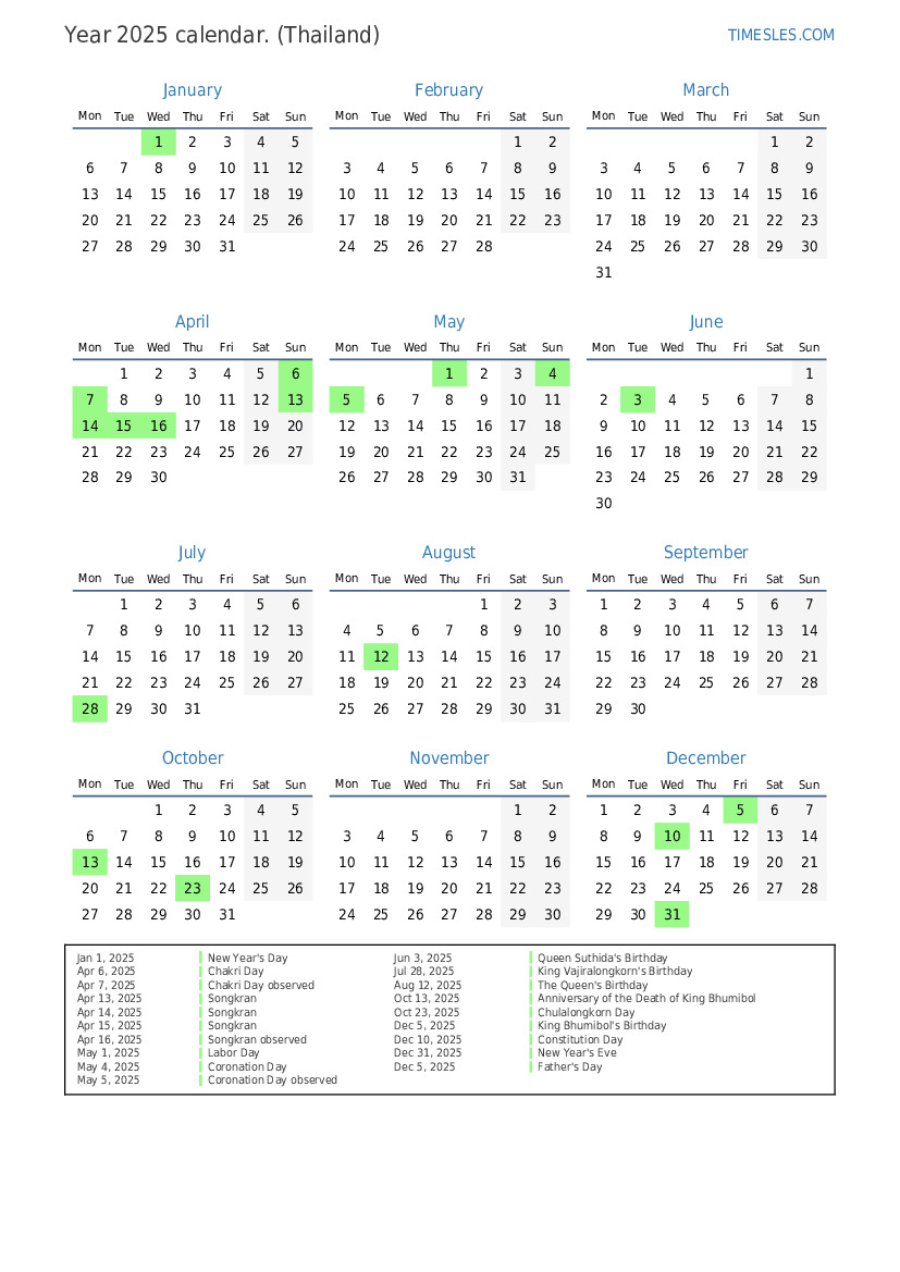 Calendar for 2025 with holidays in Thailand  Print and download calendar