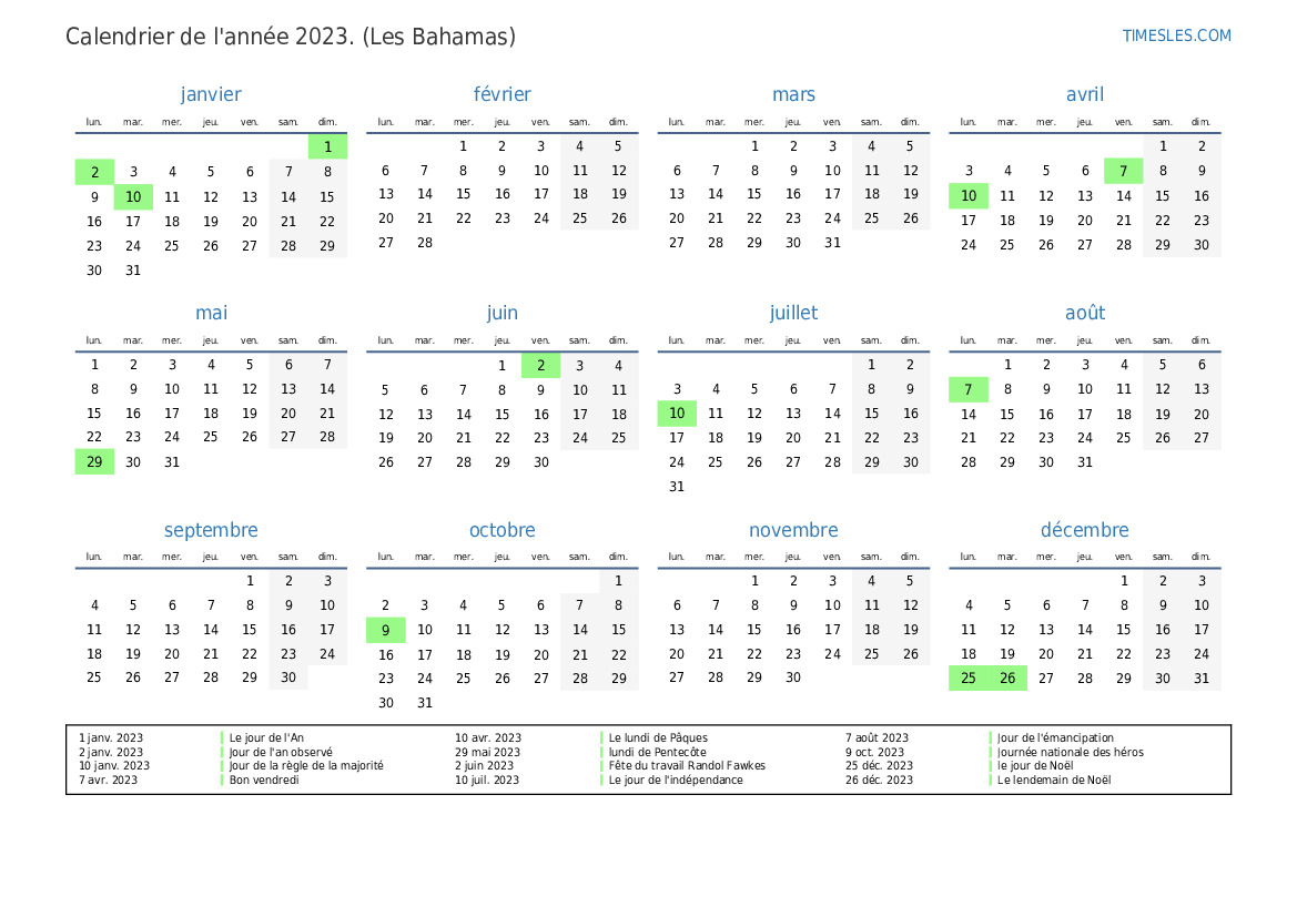 Calendrier 2023 avec jours fériés aux Bahamas Imprimer et télécharger