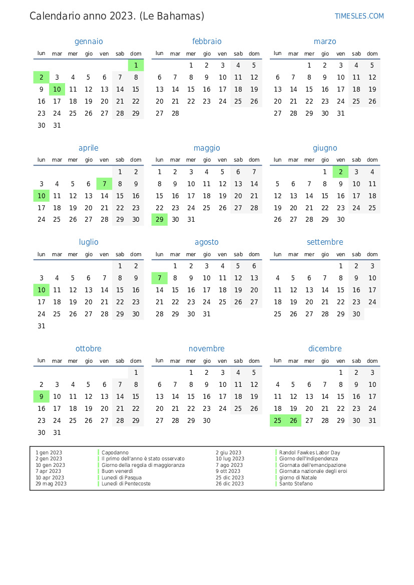 Calendario Per Il 2023 Con Giorni Festivi Alle Bahamas Stampa E