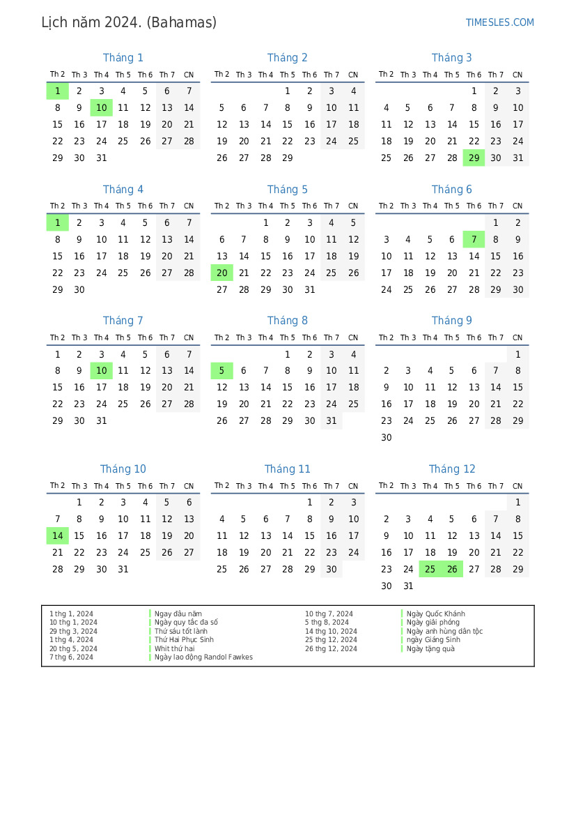 Lịch cho năm 2024 với các ngày lễ ở Bahamas In và tải xuống lịch