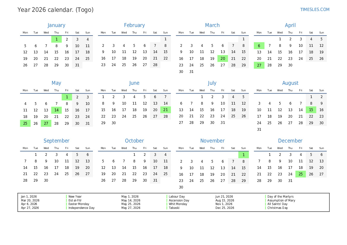 Calendar For 2026 With Holidays In Togo Print And Download Calendar