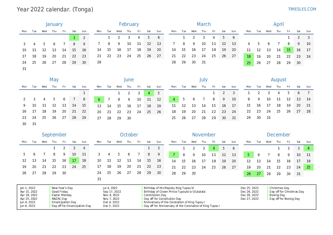 Calendar for 2022 with holidays in Tonga | Print and download calendar