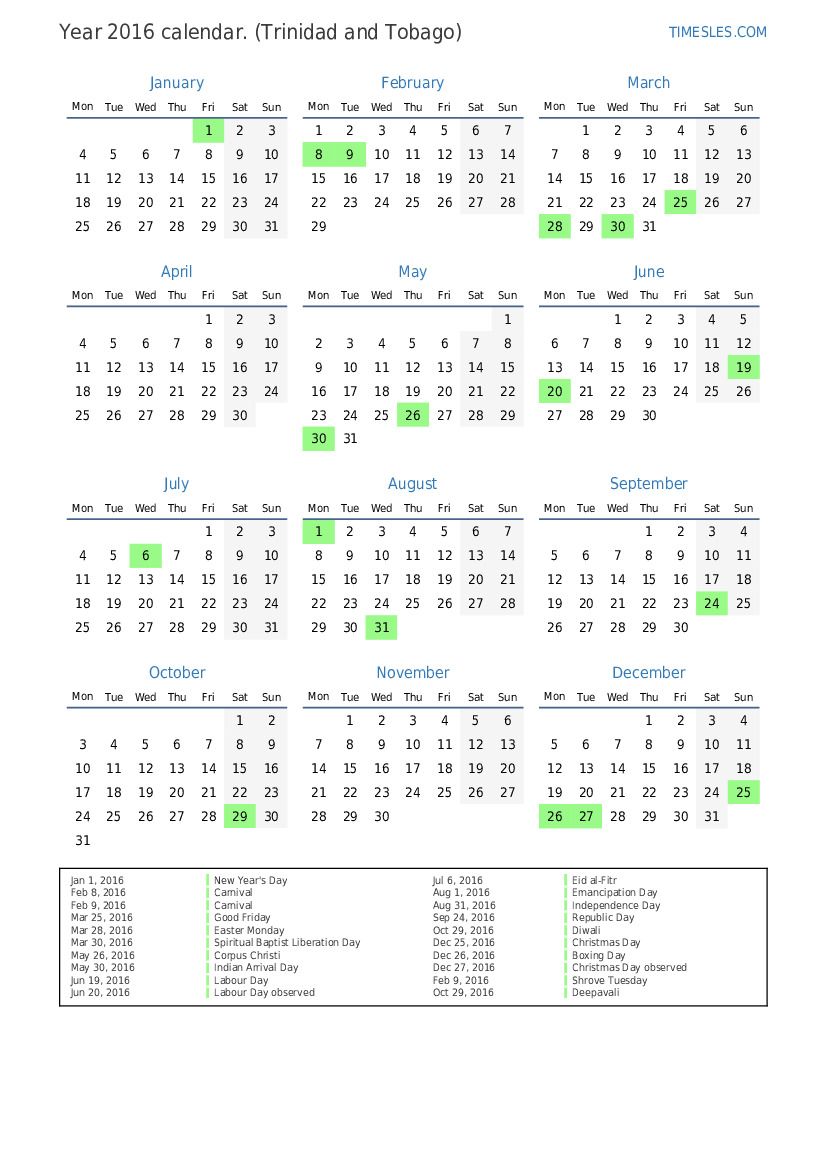 Calendar for 2016 with holidays in Trinidad and Tobago | Print and ...