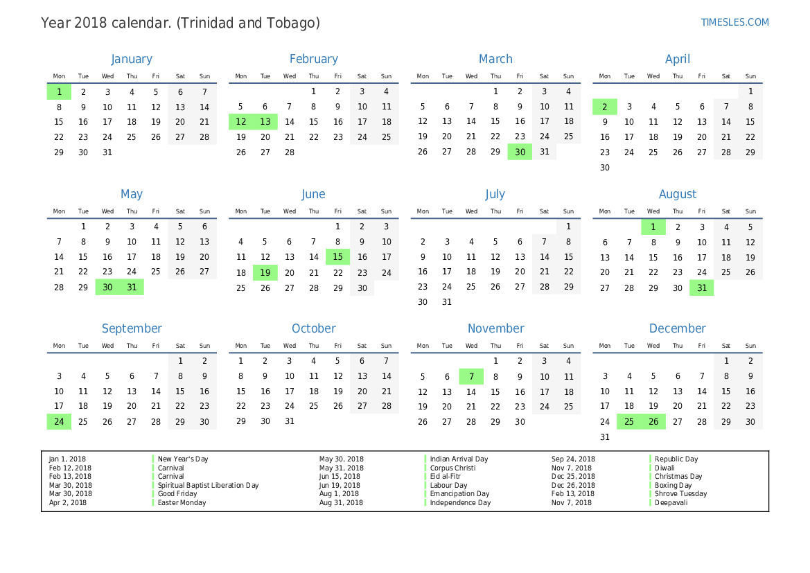 Calendar for 2018 with holidays in Trinidad and Tobago | Print and