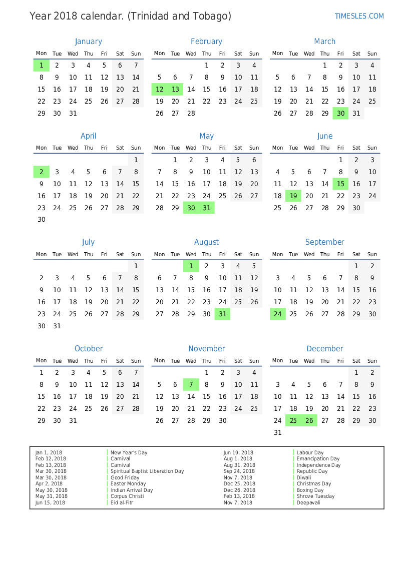Calendar for 2018 with holidays in Trinidad and Tobago | Print and ...