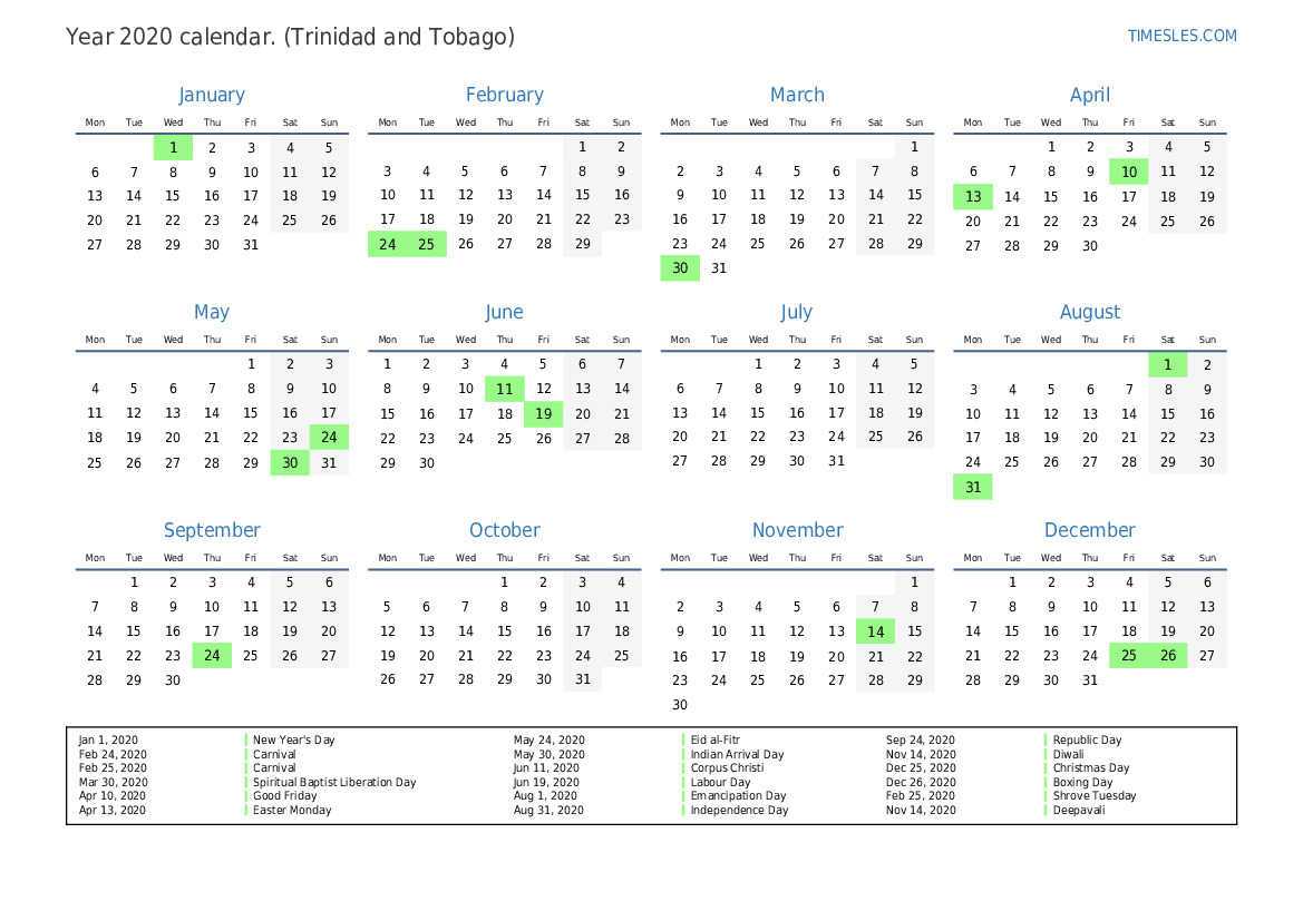 Calendar for 2020 with holidays in Trinidad and Tobago | Print and