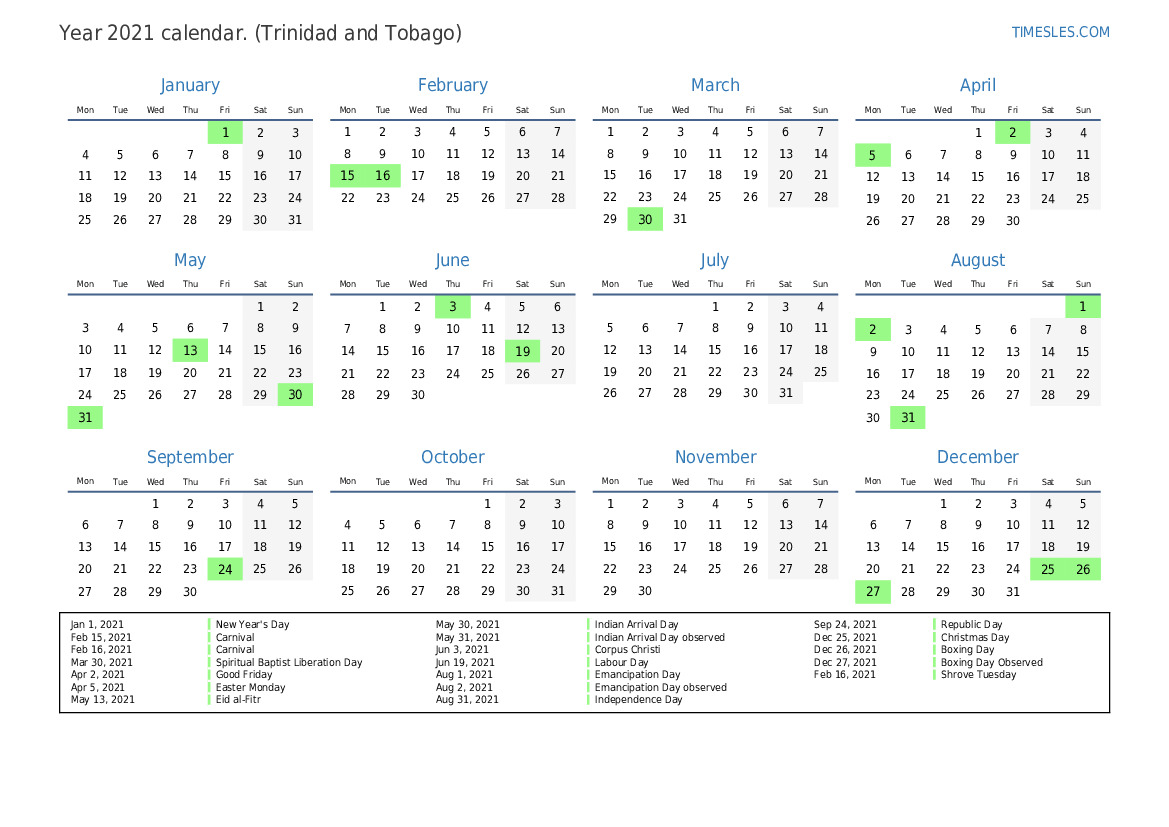 Calendar for 2021 with holidays in Trinidad and Tobago | Print and ...