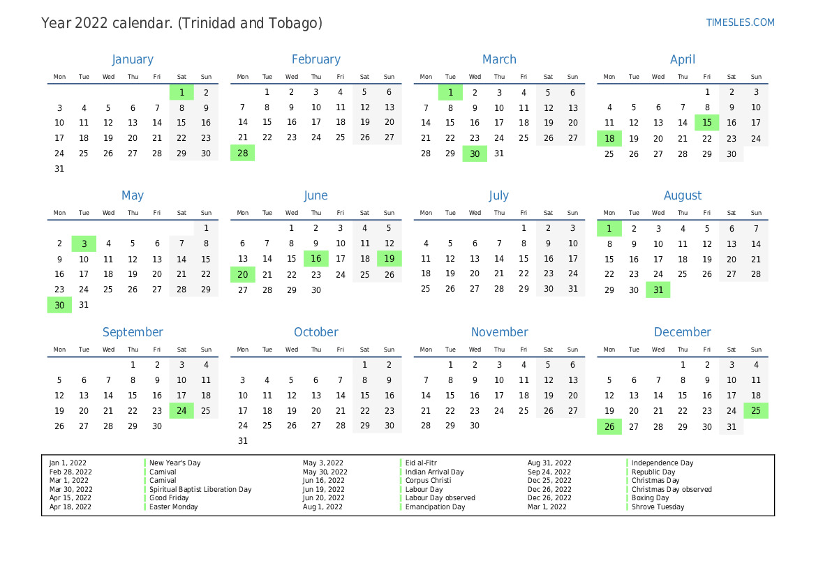 Calendar for 2022 with holidays in Trinidad and Tobago Print and