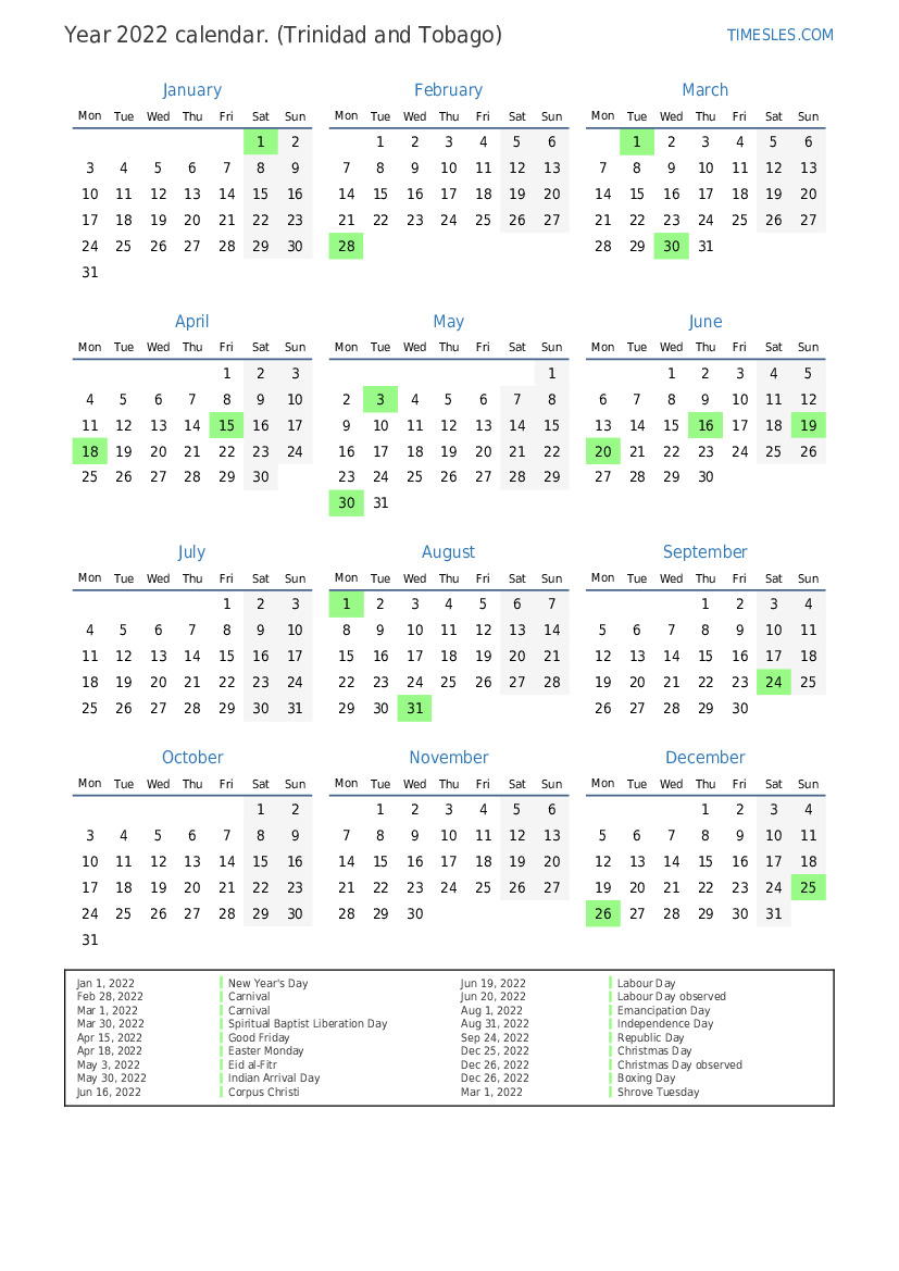 Calendar For 2022 With Holidays In Trinidad And Tobago Print And