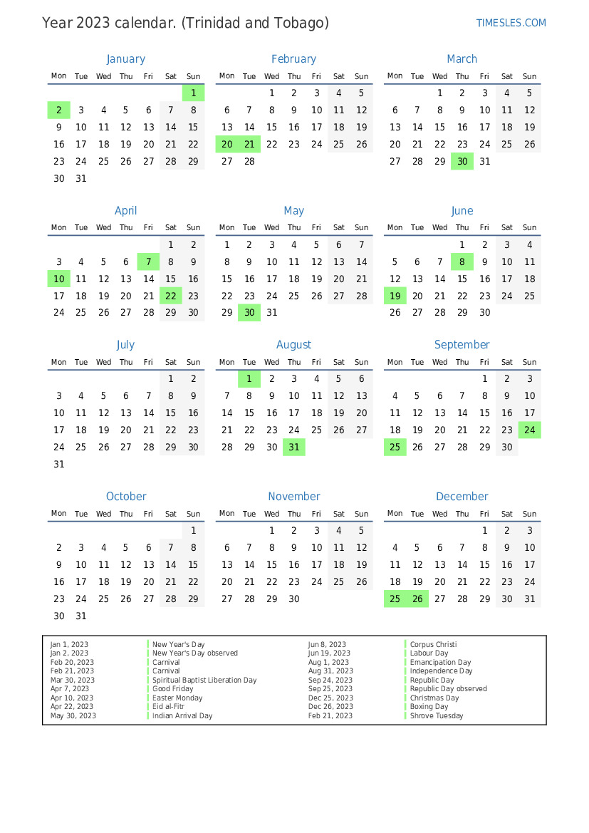 Calendar for 2023 with holidays in Trinidad and Tobago | Print and