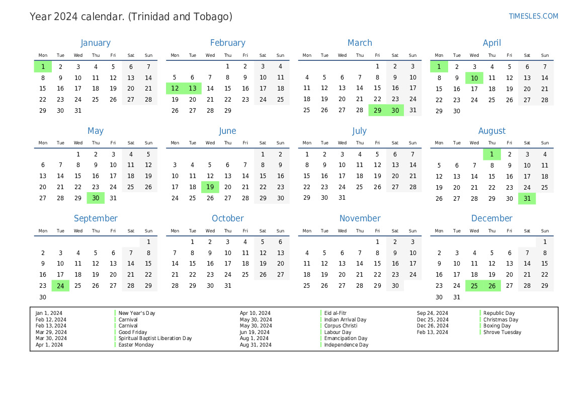 Calendar for 2024 with holidays in Trinidad and Tobago Print and