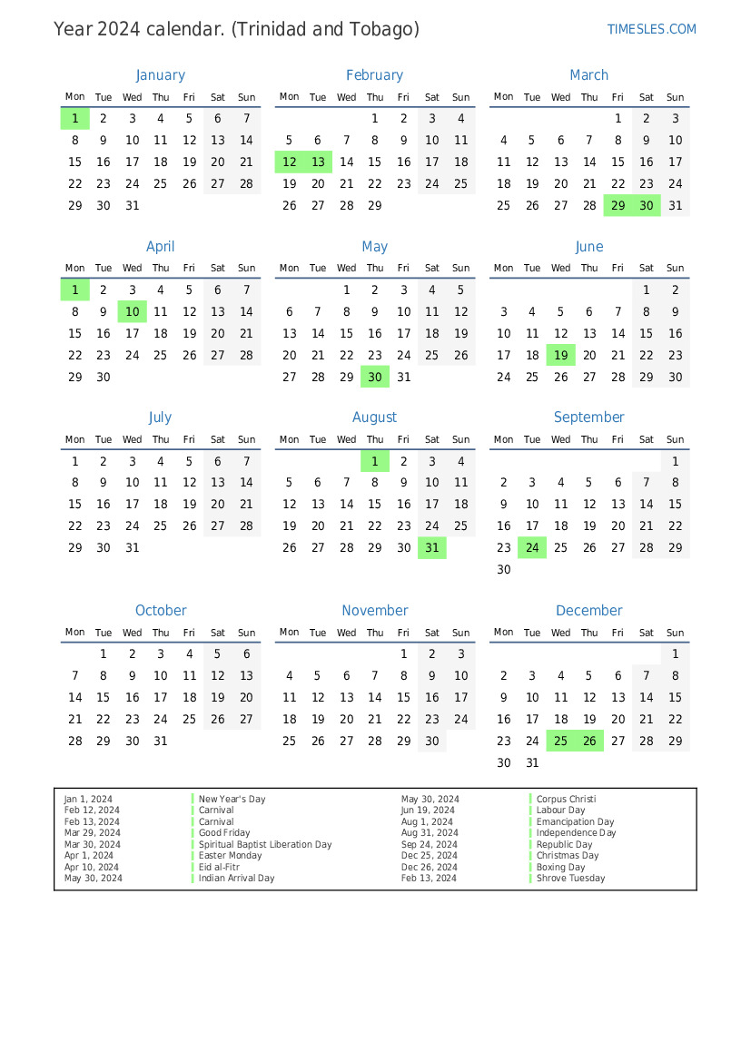 Trinidad 2024 Calendar Calendar 2024