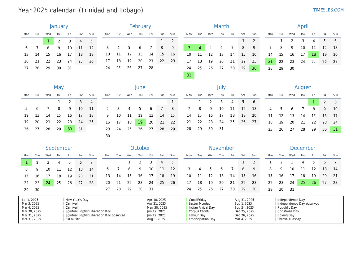 Calendar for 2025 with holidays in Trinidad and Tobago Print and
