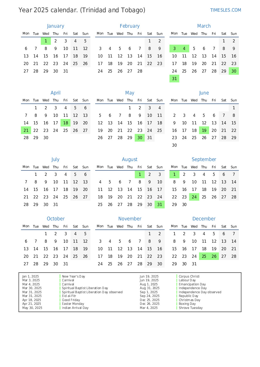 Calendar for 2025 with holidays in Trinidad and Tobago  Print and download calendar