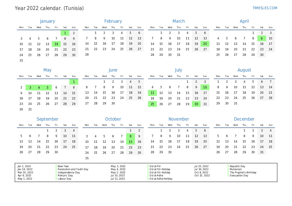 Calendar for 2022 with holidays in Tunisia | Print and download calendar