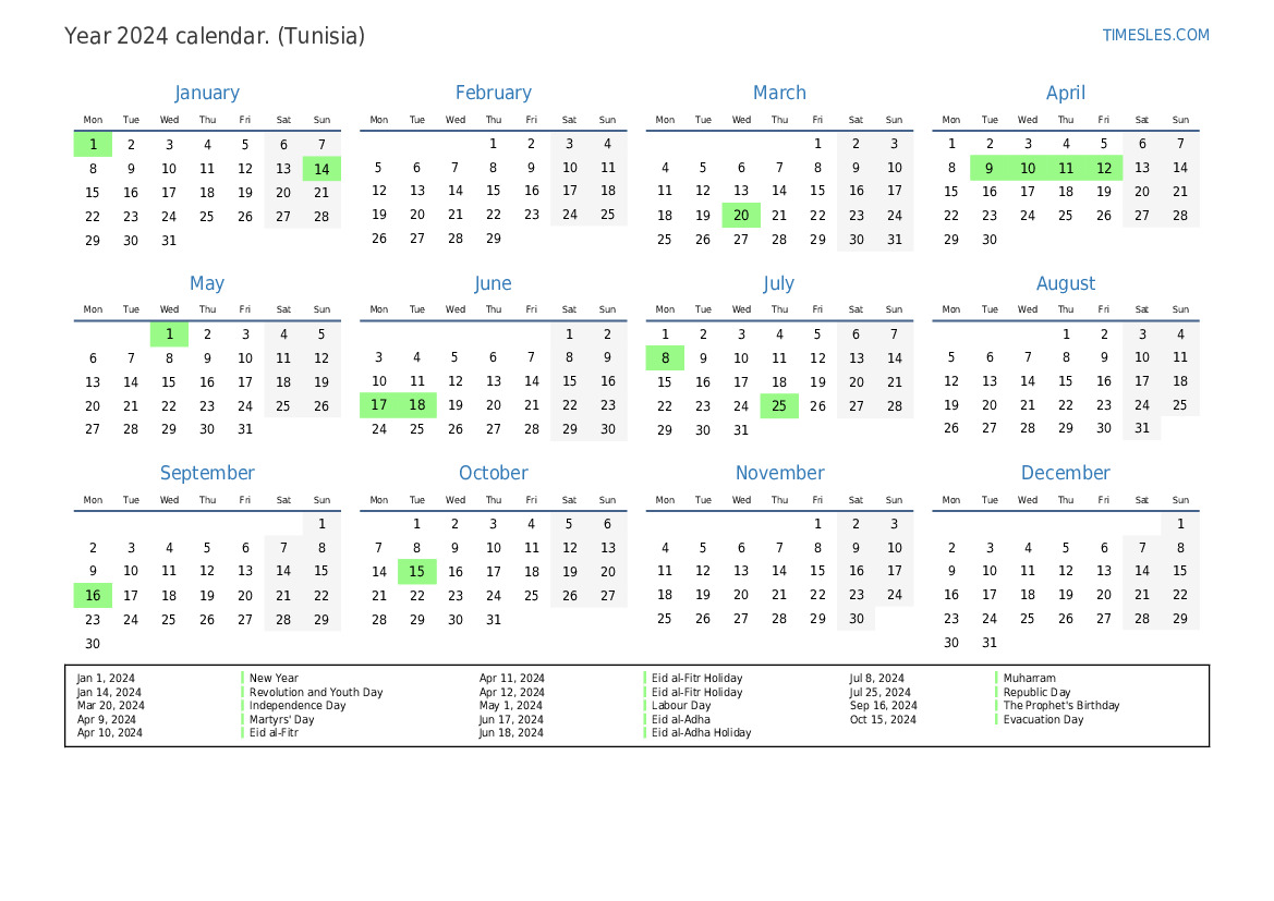 Calendar for 2024 with holidays in Tunisia Print and download calendar