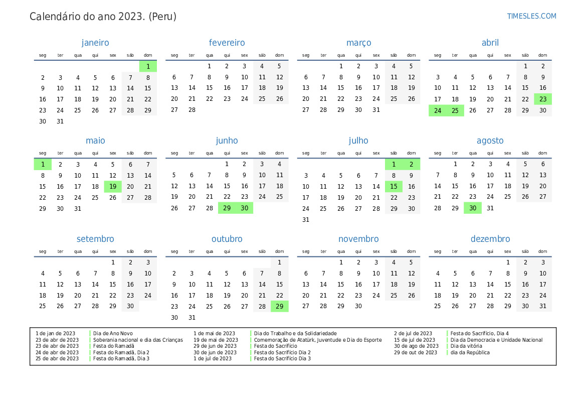 Calendário 2023 com feriados na turquia Imprimir e baixar calendário