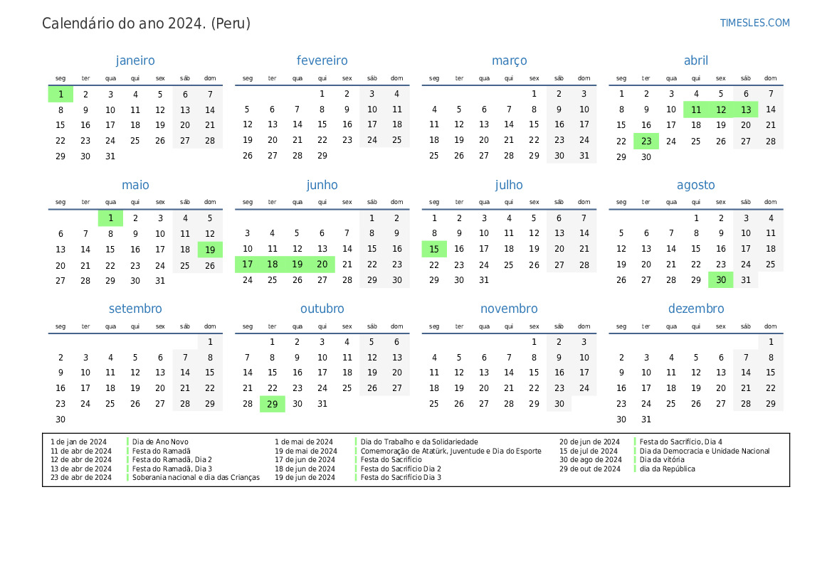 Calendário 2024 com feriados na turquia Imprimir e baixar calendário