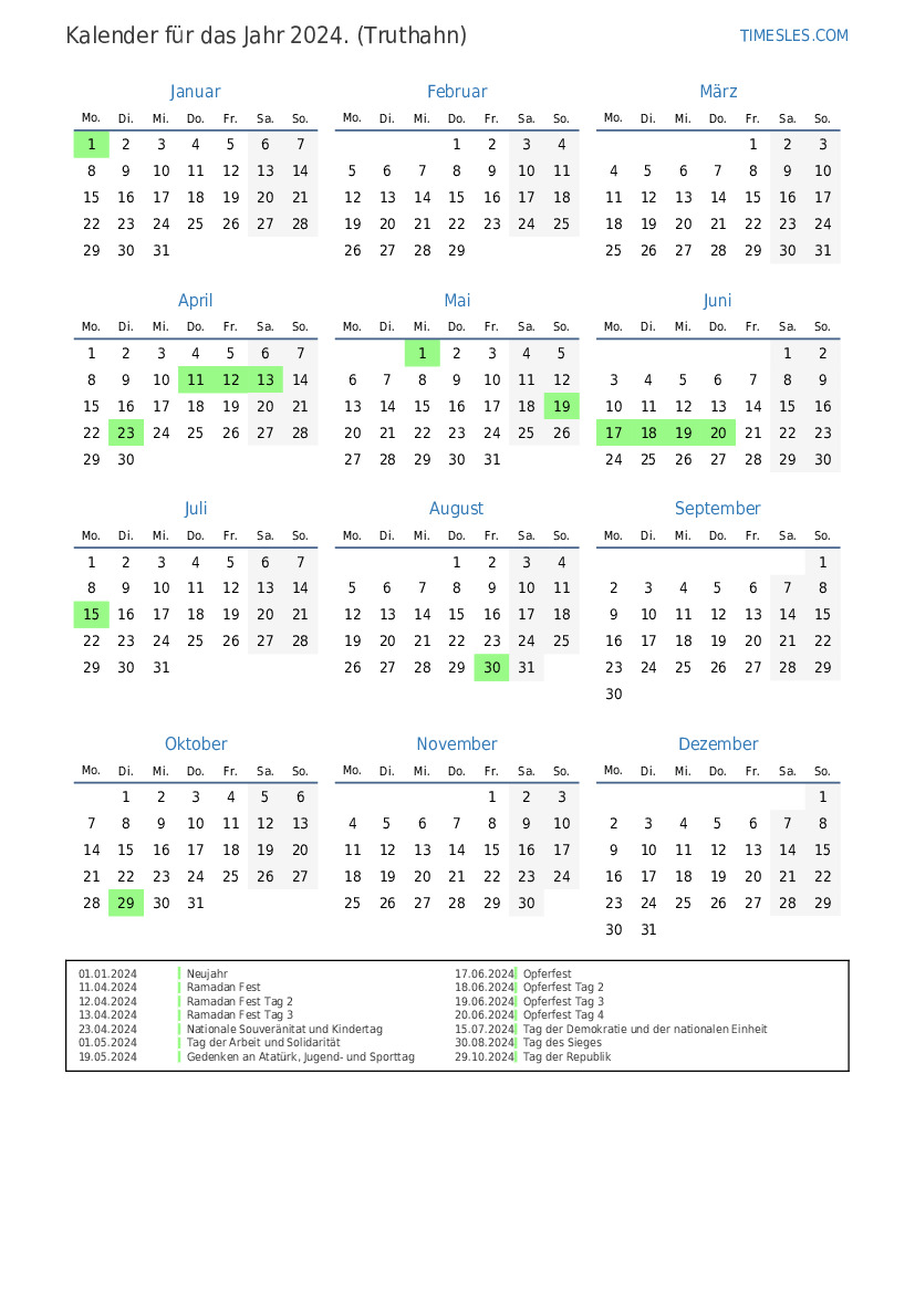 Kalender für 2024 mit Feiertagen in der Türkei | Kalender drucken und ...