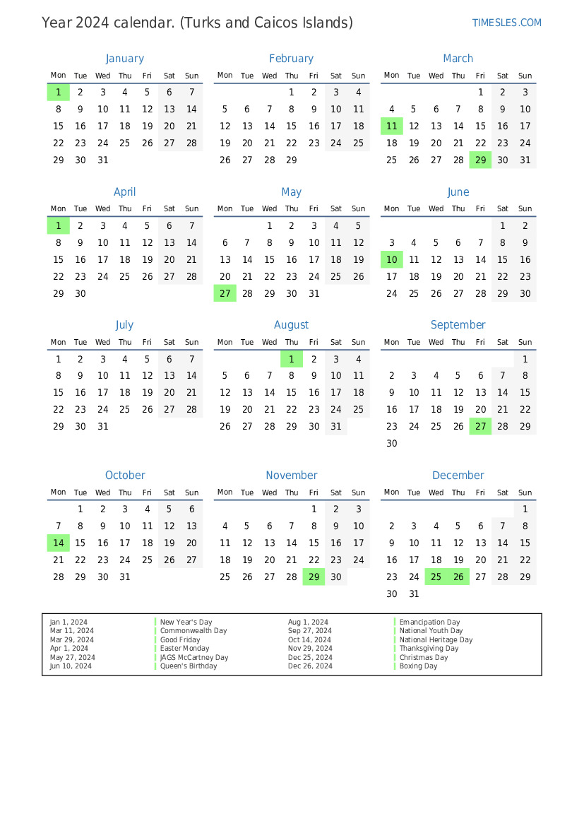 Calendar for 2024 with holidays in Turks and Caicos Islands Print and