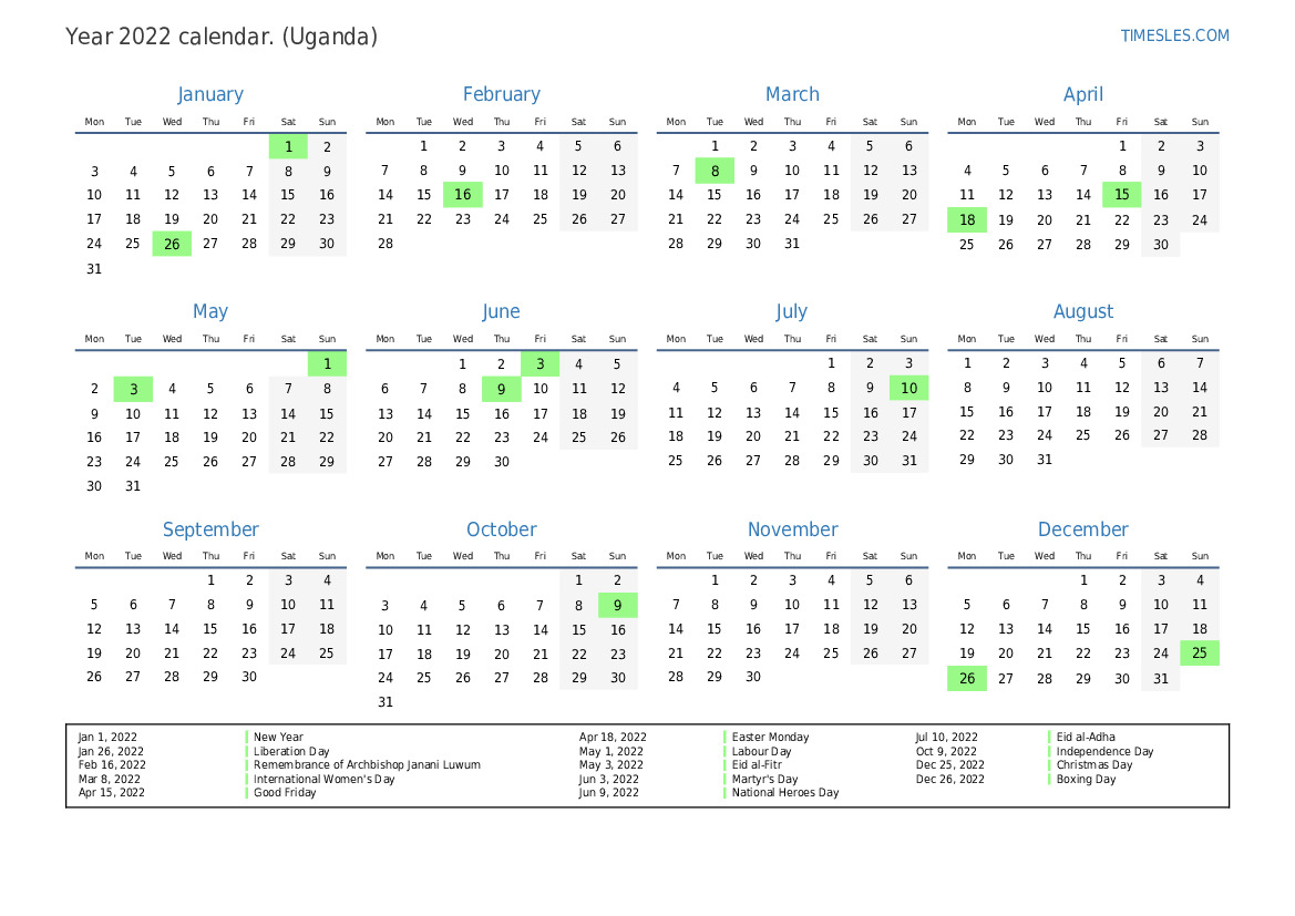 Calendar for 2022 with holidays in Uganda | Print and download calendar