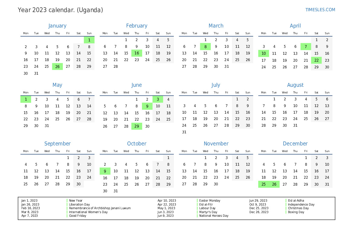 Calendar for 2023 with holidays in Uganda Print and download calendar
