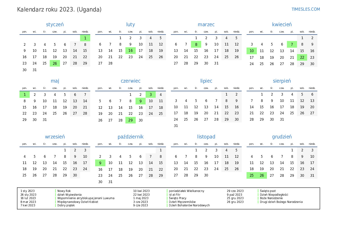 Kalendarz na 2023 rok z wakacjami w Ugandzie Wydrukuj i pobierz kalendarz