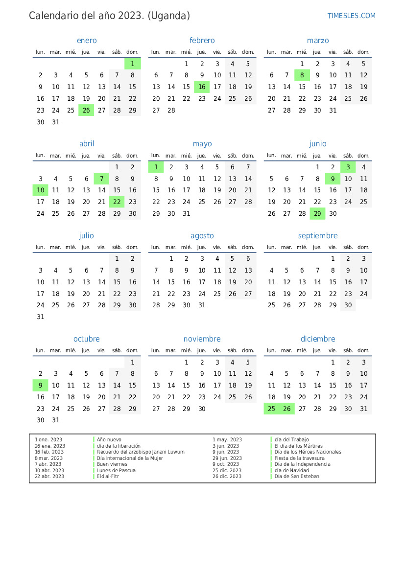 Calendario 2023 con días festivos en Uganda Imprimir y descargar