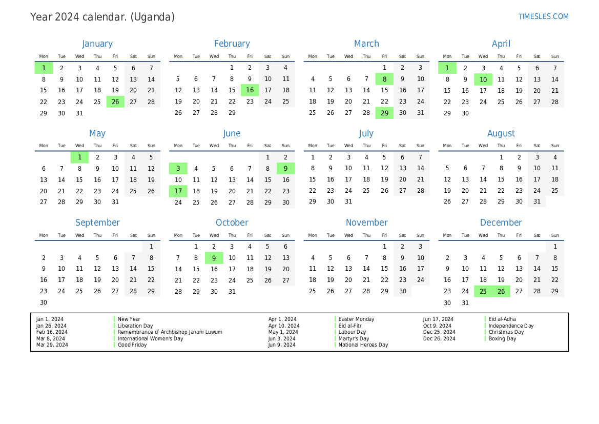 Calendar for 2024 with holidays in Uganda Print and download calendar