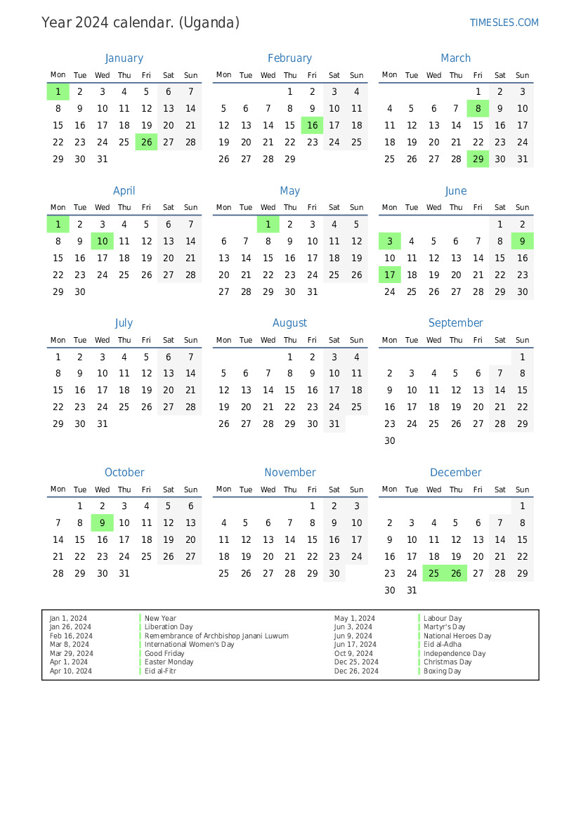 Calendar for 2024 with holidays in Uganda Print and download calendar