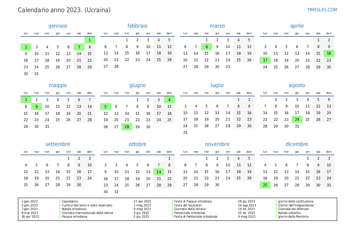 Calendario per il 2023 con giorni festivi in Ucraina Stampa e scarica