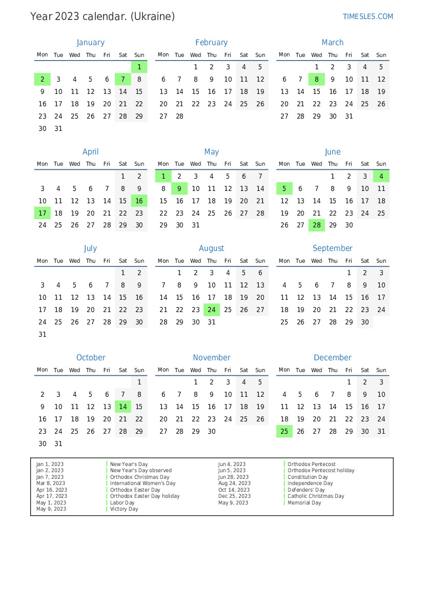 Calendar for 2023 with holidays in Ukraine | Print and download calendar