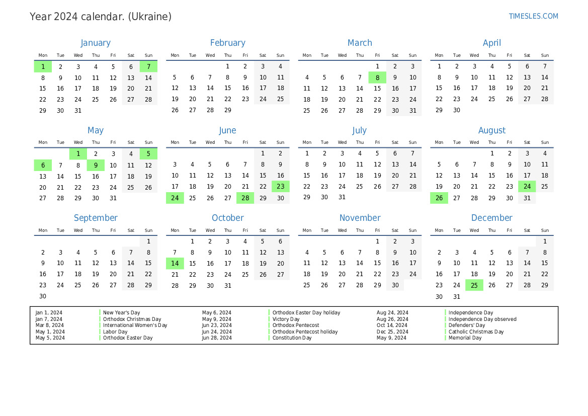 Calendar for 2024 with holidays in Ukraine Print and download calendar