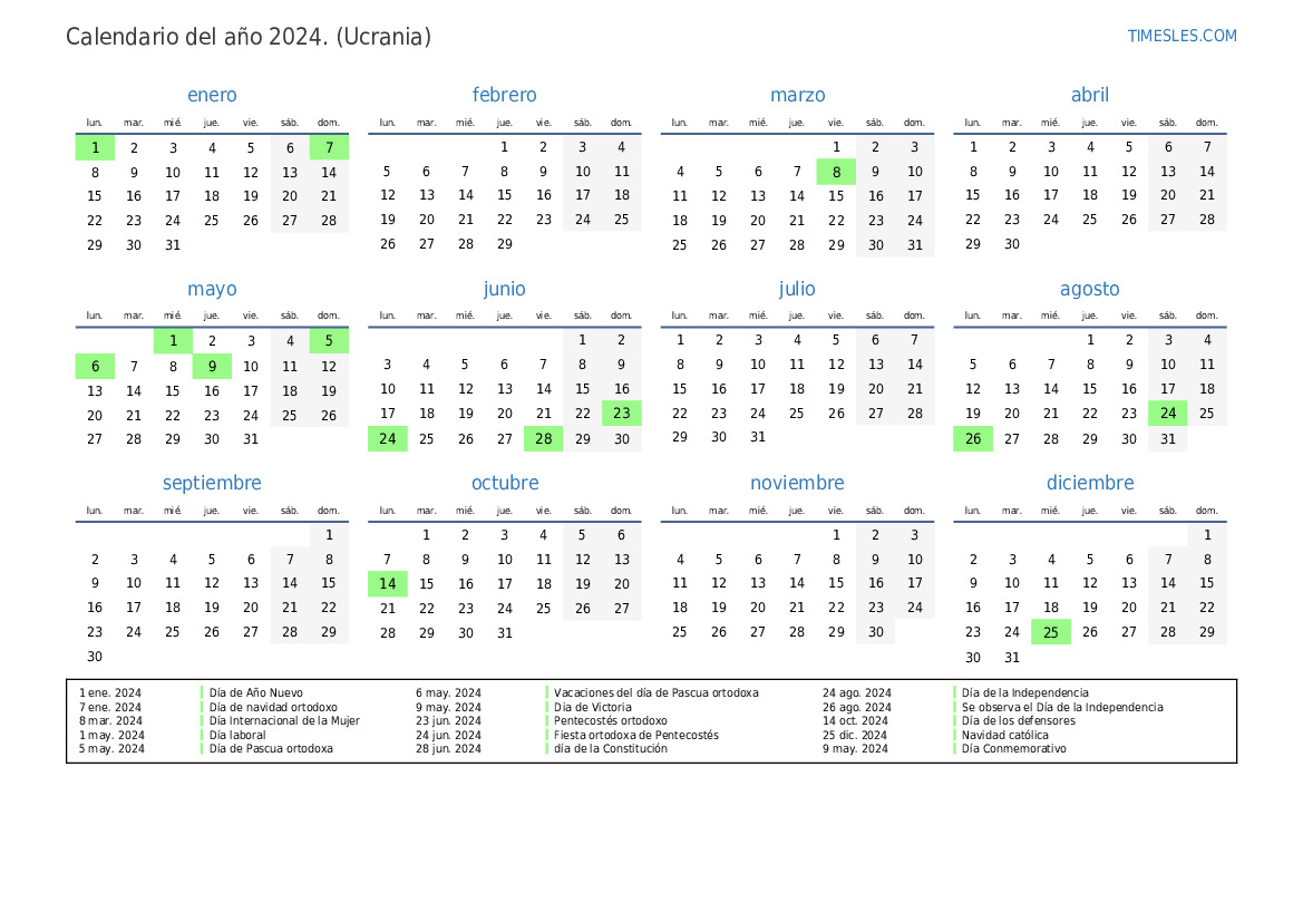 Calendario 2024 con días festivos en Ucrania Imprimir y descargar
