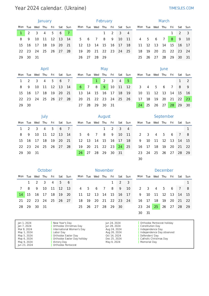 Calendar for 2024 with holidays in Ukraine Print and download calendar