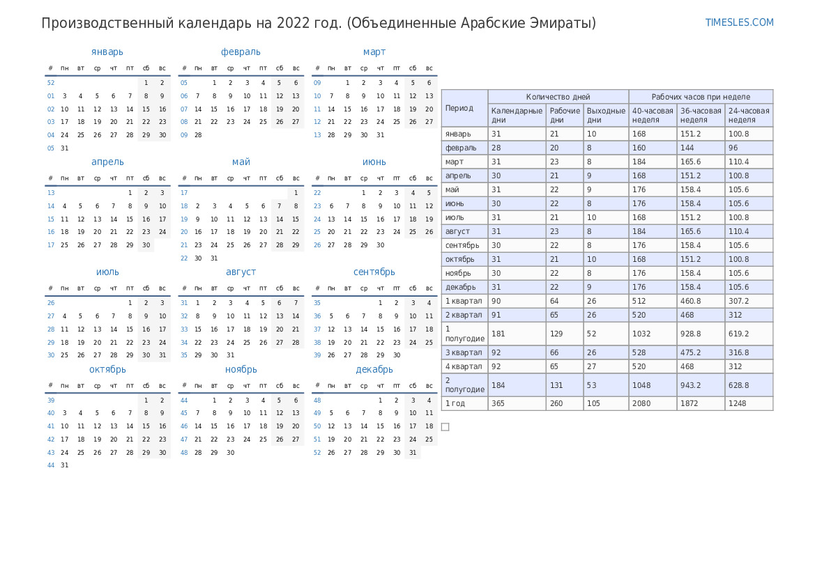 Производственный календарь 2022