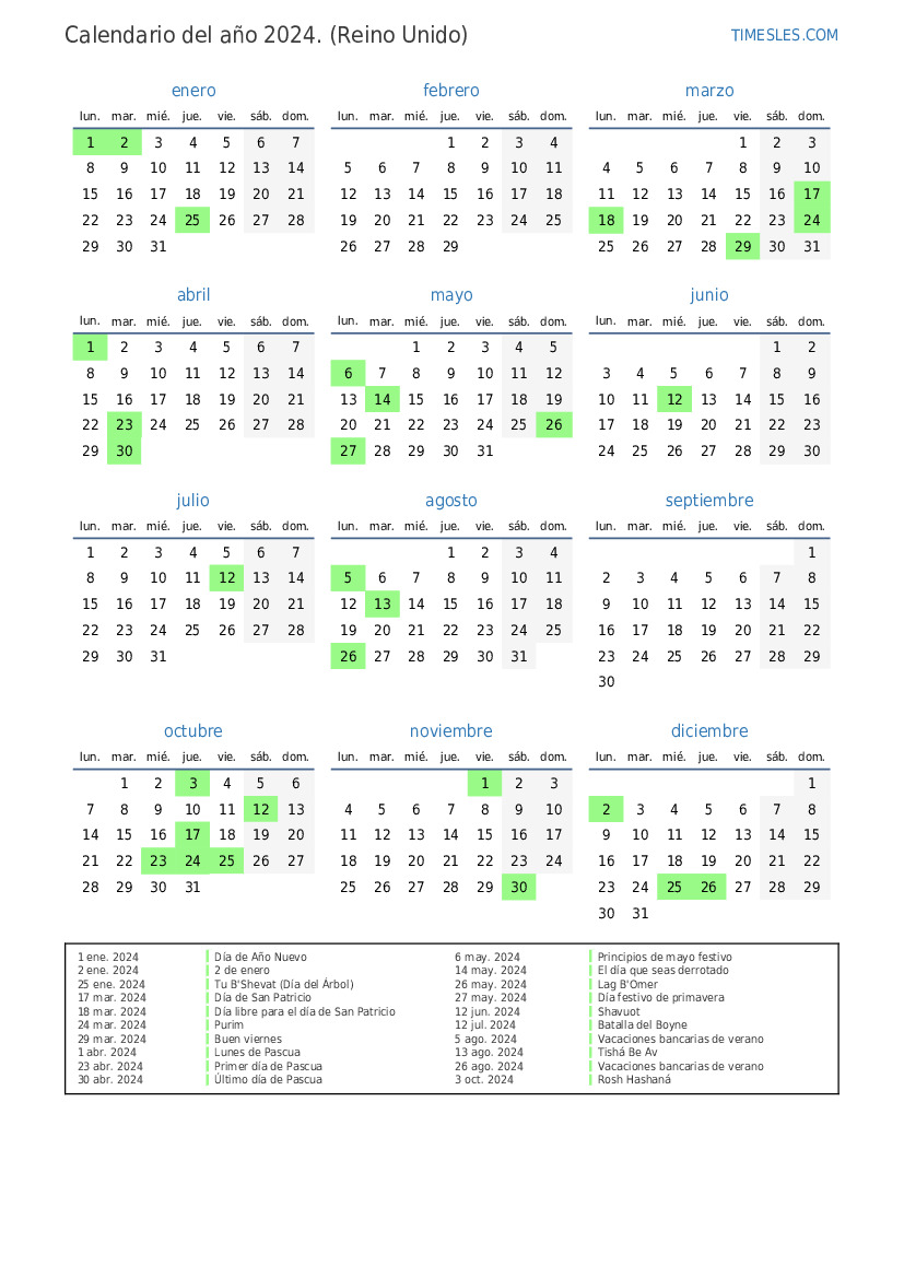 Calendario 2024 con días festivos en Reino Unido Imprimir y descargar