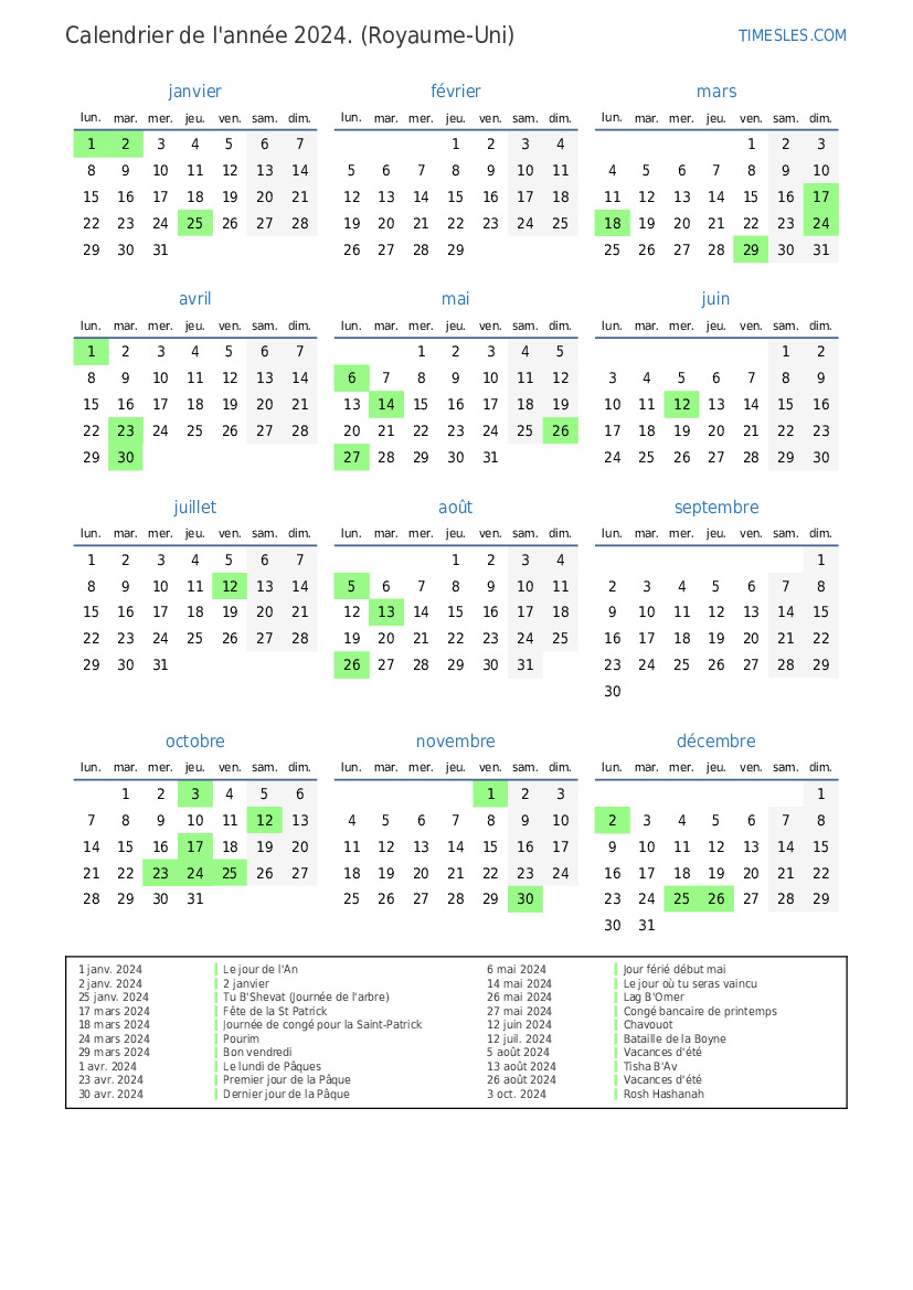 Calendrier 2025 avec jours fériés au Royaume-Uni Imprimer et télécharger le calendrier