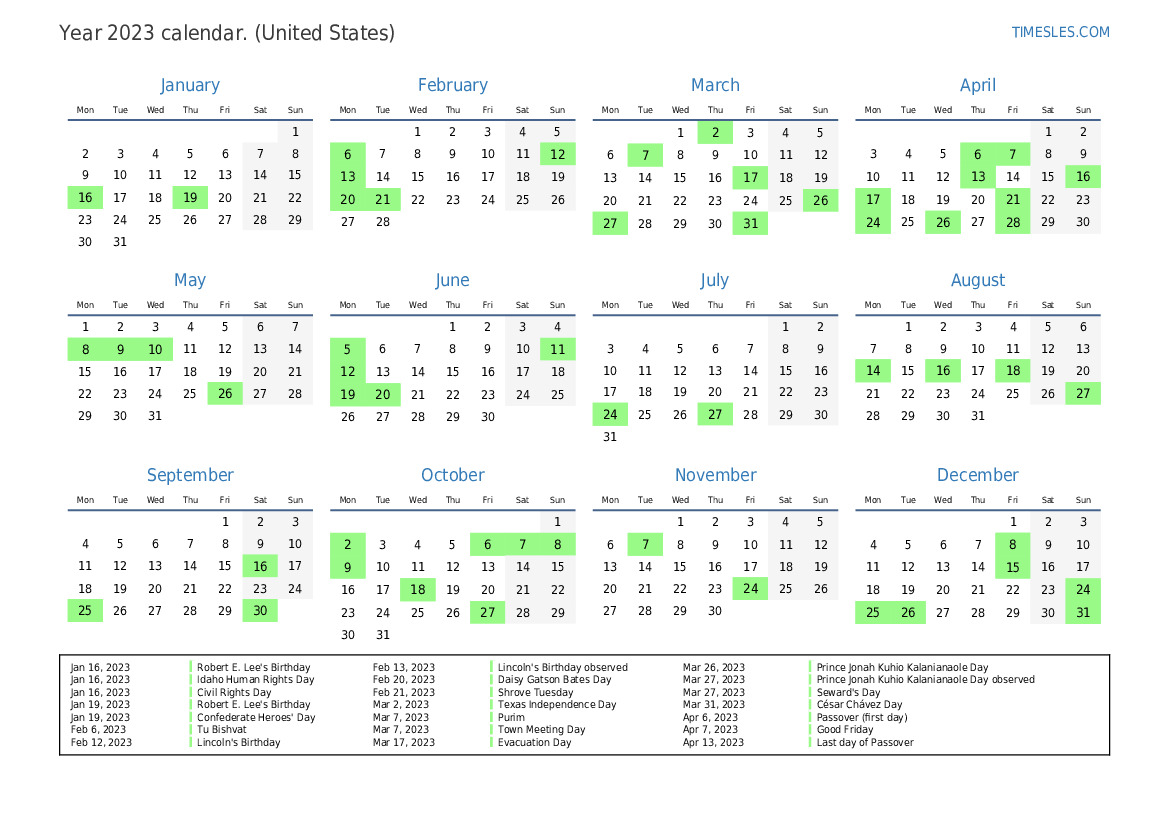 Calendar for 2023 with holidays in United States Print and download